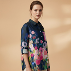 Women's Blouse with Floral Print and Rolled-Up Sleeves