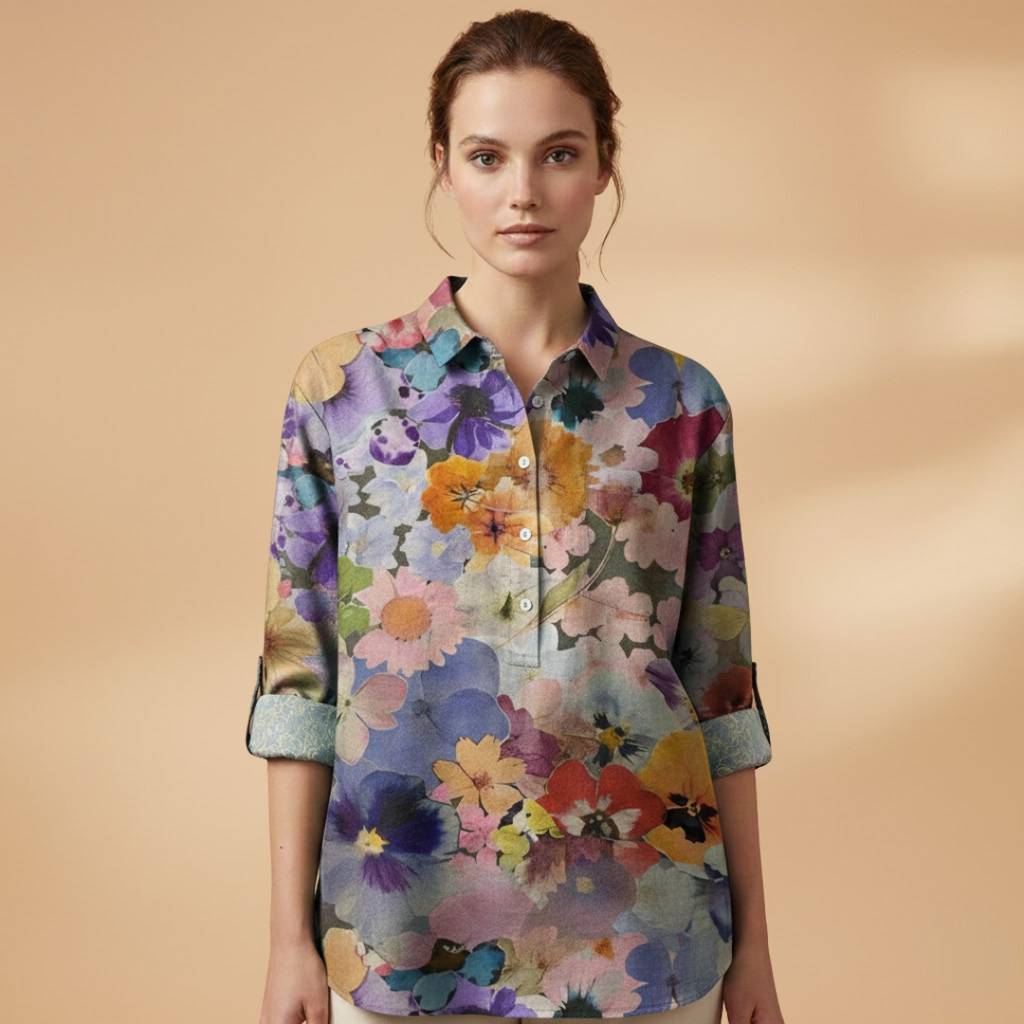 Women's Blouse with Floral Print and Rolled-Up Sleeves