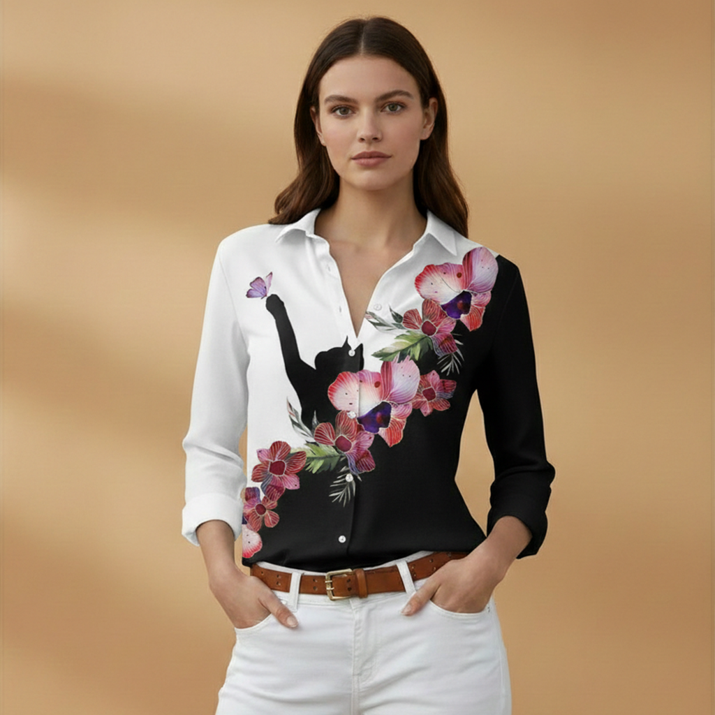 Women's Blouse with Floral and Colourblock Design for Casual Wear