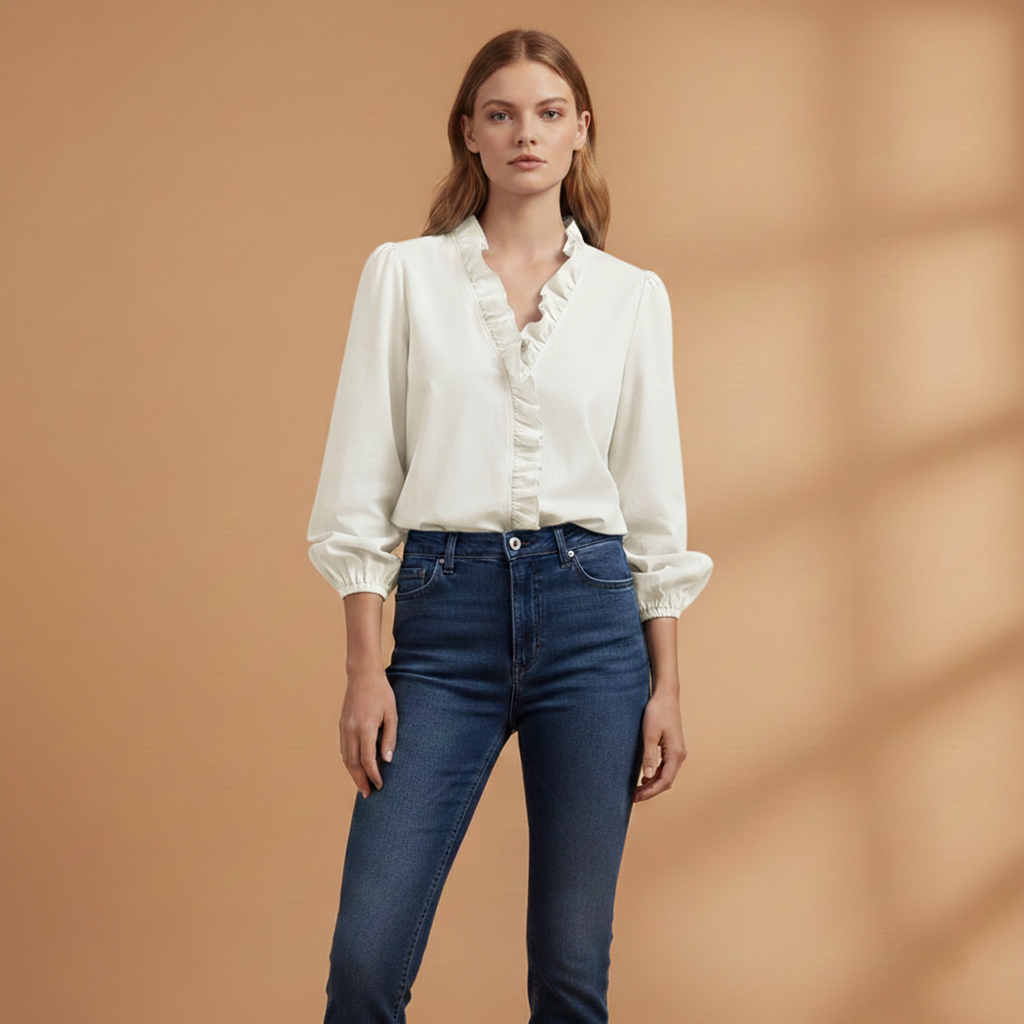 Women’s Blouse with Ruffles V-Neck and Long Sleeves