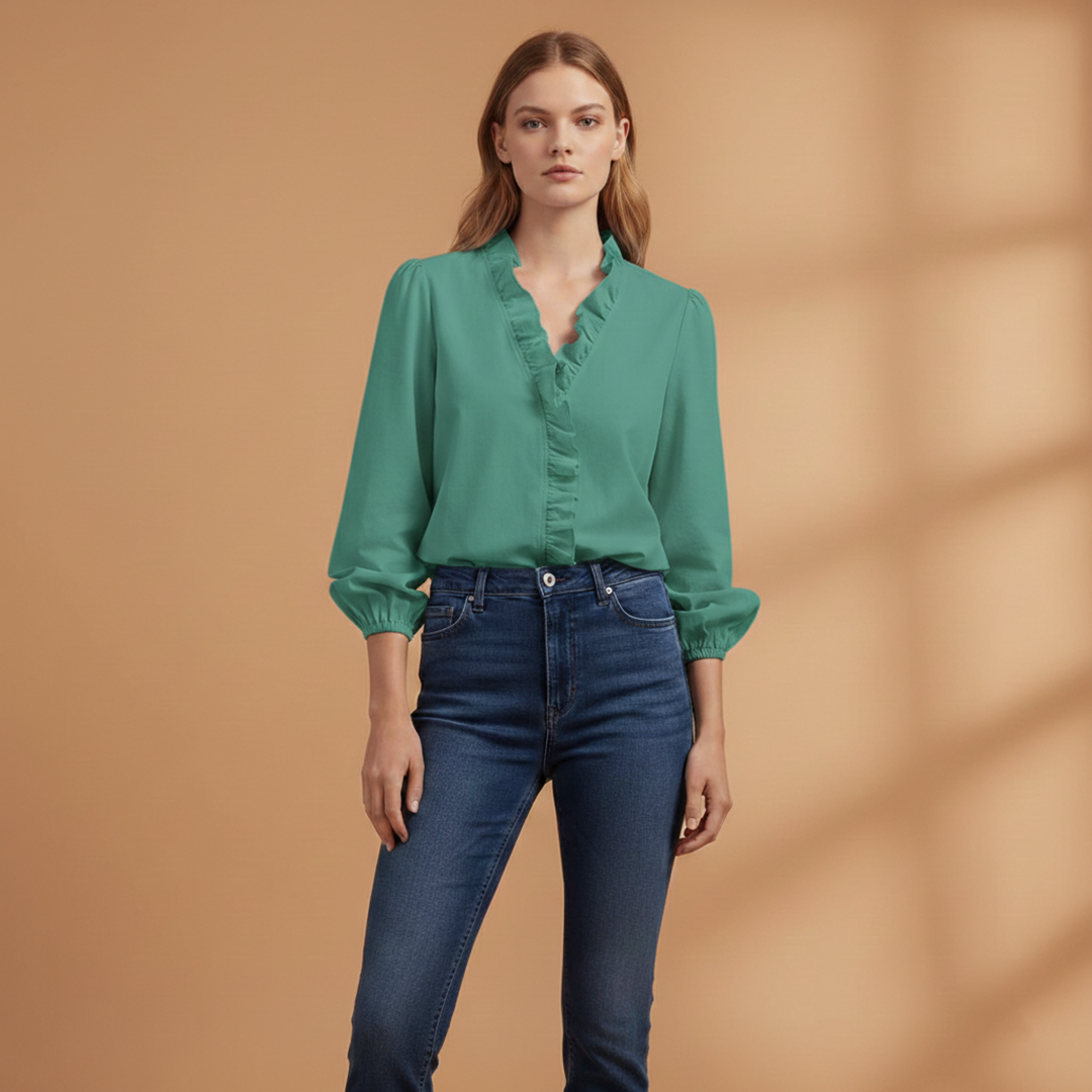 Women’s Blouse with Ruffles V-Neck and Long Sleeves