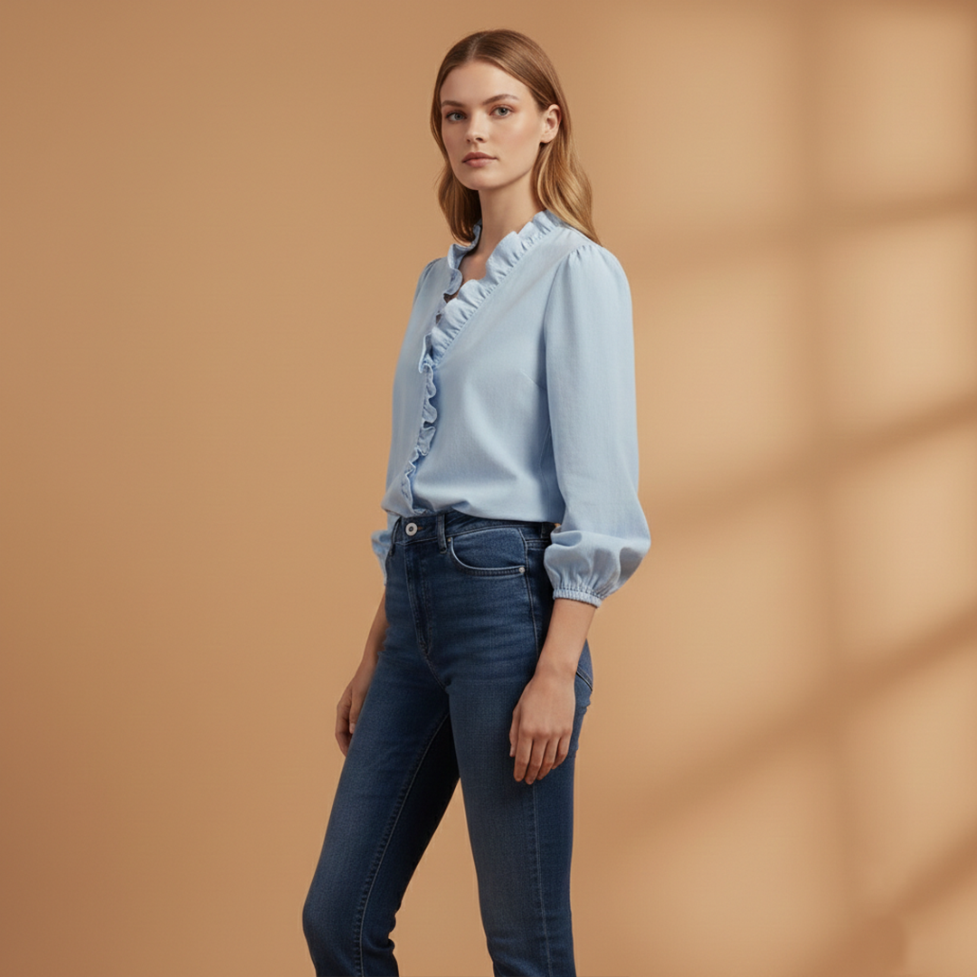 Women’s Blouse with Ruffles V-Neck and Long Sleeves
