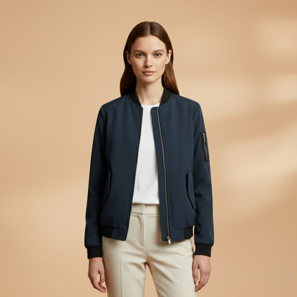 Women’s Bomber Jacket with Zip Closure and Multiple Pockets