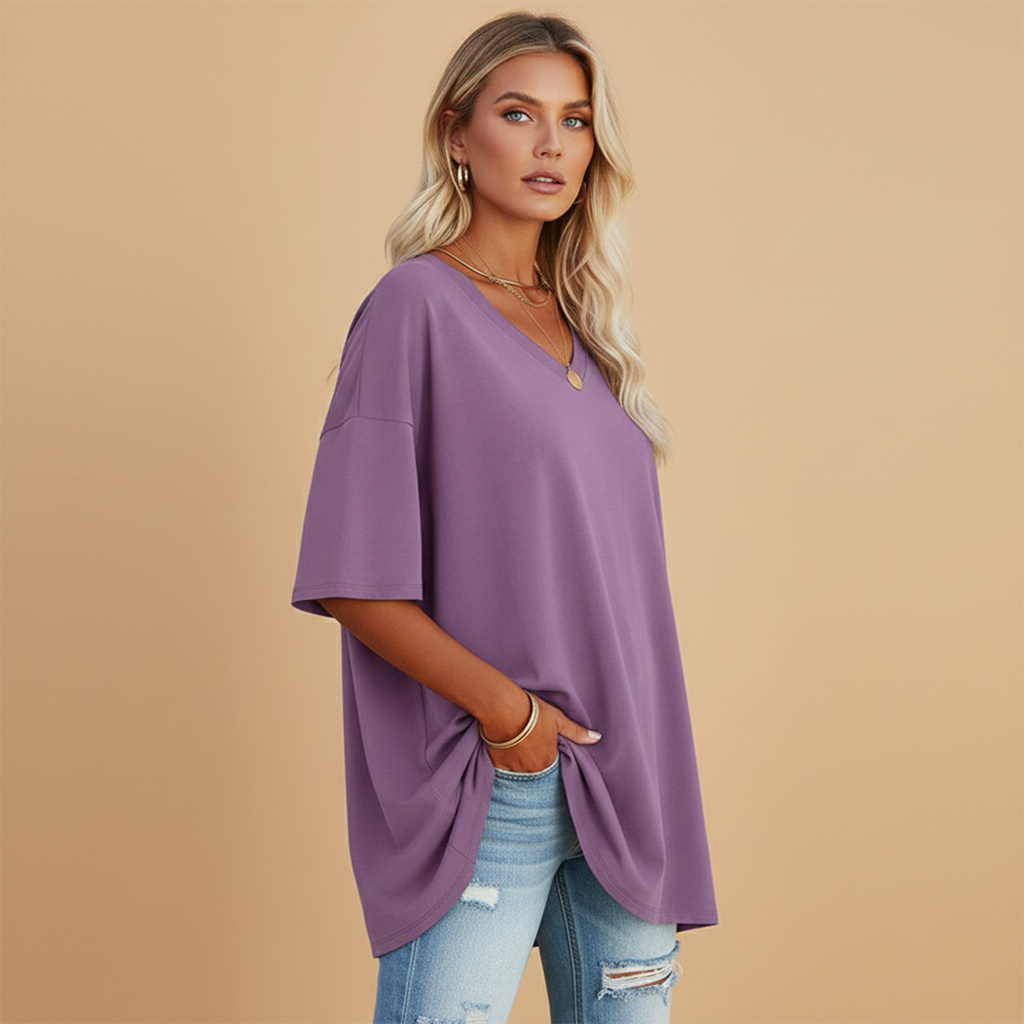 Women's Casual Loose V-Neck T-Shirt with Relaxed Fit