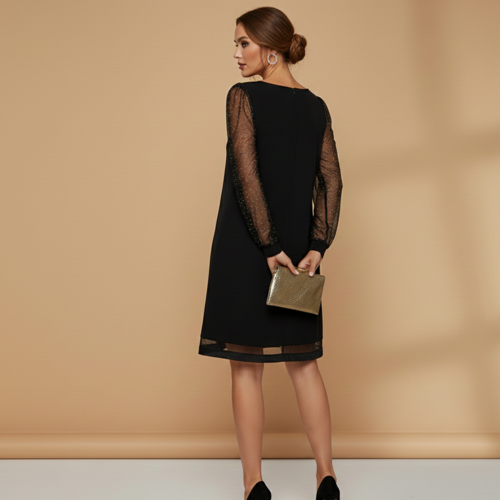 Women’s Dress with Sequined Sleeves and Plunge Neckline