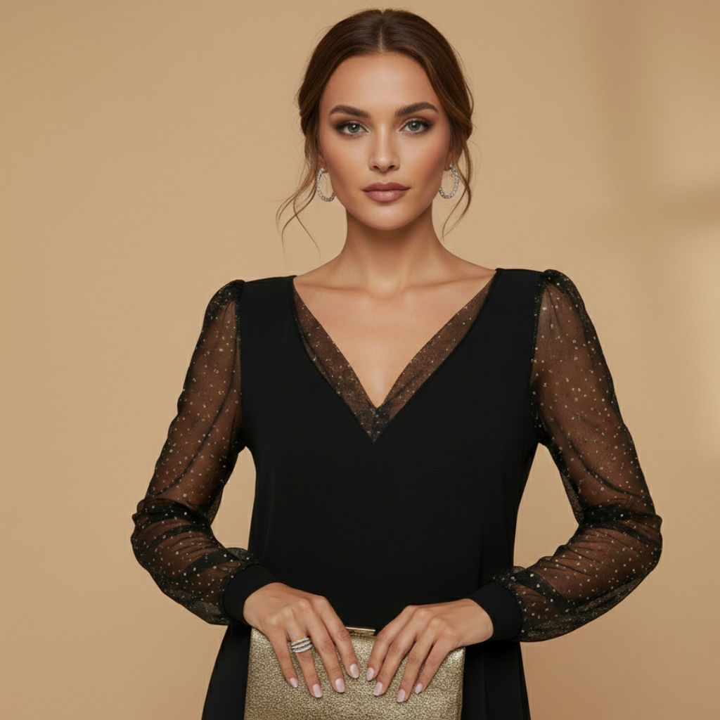 Women’s Dress with Sequined Sleeves and Plunge Neckline