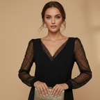 Women’s Dress with Sequined Sleeves and Plunge Neckline
