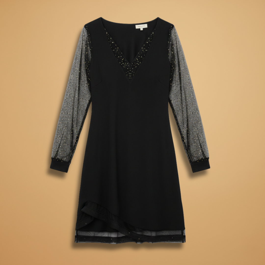 Women’s Dress with Sequined Sleeves and Plunge Neckline
