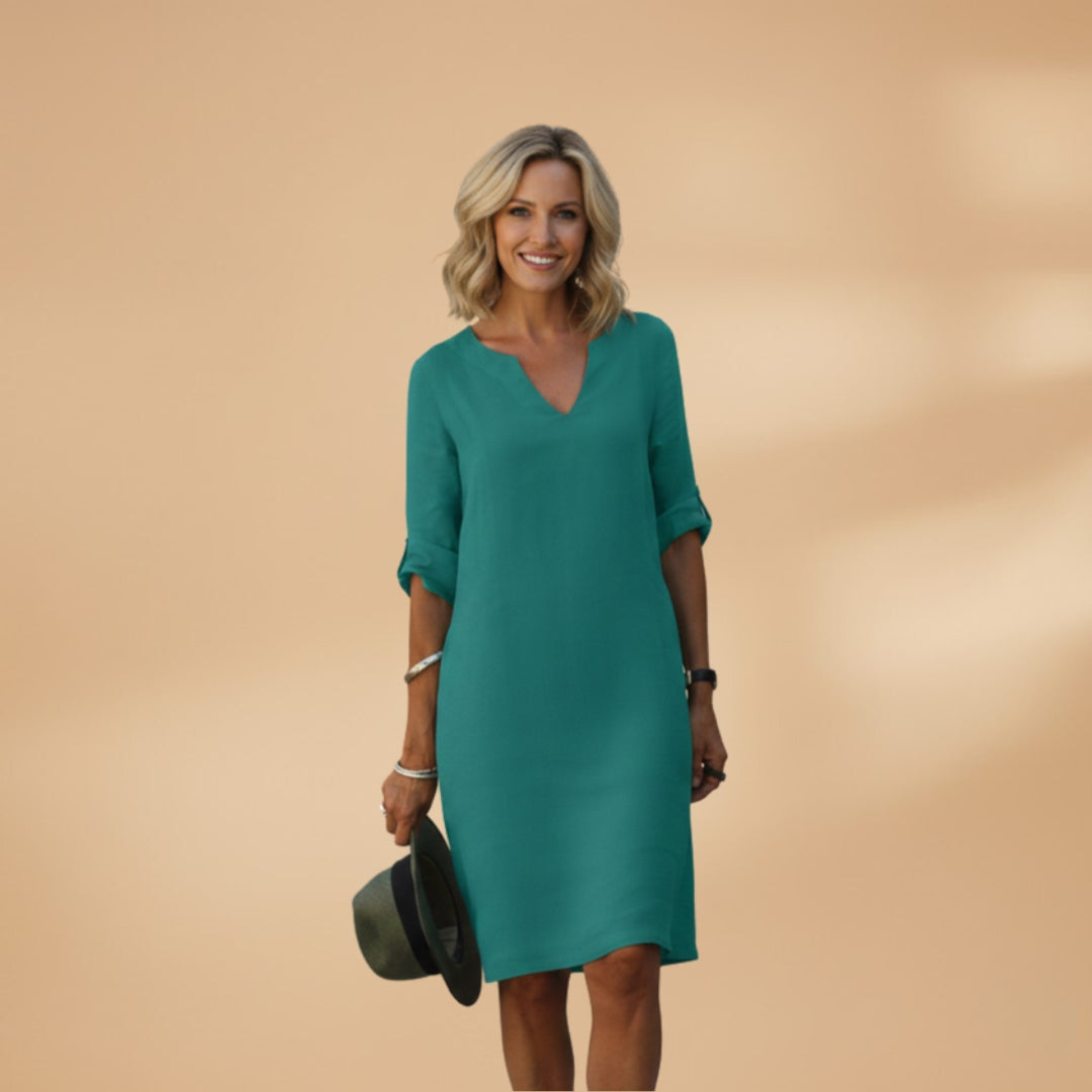 Women's Dress with V-Neck and Three-Quarter Sleeves