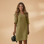 Women's Dress with V-Neck and Three-Quarter Sleeves