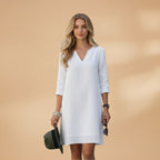 Women's Dress with V-Neck and Three-Quarter Sleeves