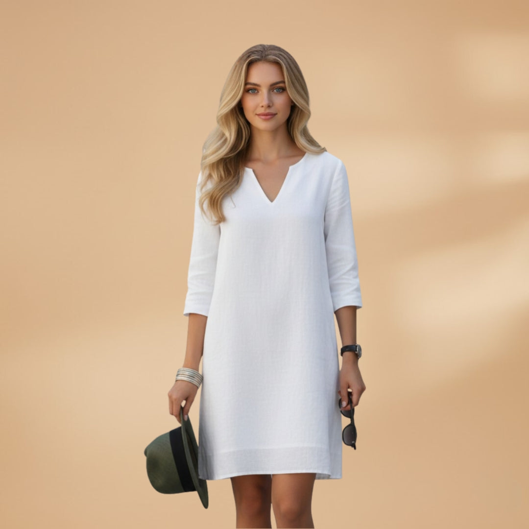 Women's Dress with V-Neck and Three-Quarter Sleeves