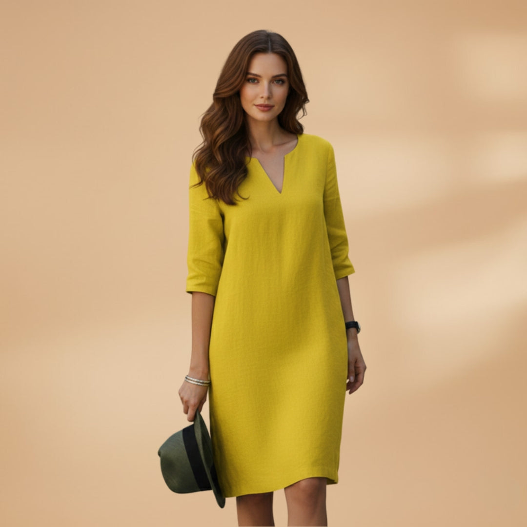 Women's Dress with V-Neck and Three-Quarter Sleeves