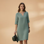 Women's Dress with V-Neck and Three-Quarter Sleeves