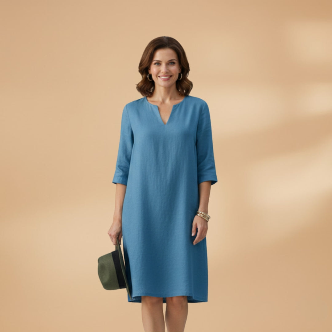Women's Dress with V-Neck and Three-Quarter Sleeves