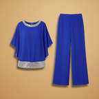Women's Elegant Two-Piece Set with Embellished Top and Wide-Leg Trousers