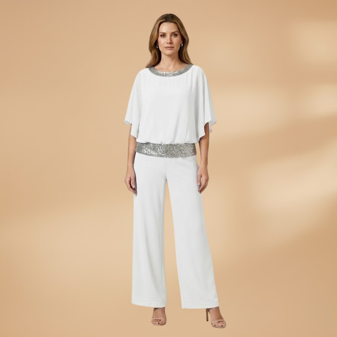 Women's Elegant Two-Piece Set with Embellished Top and Wide-Leg Trousers