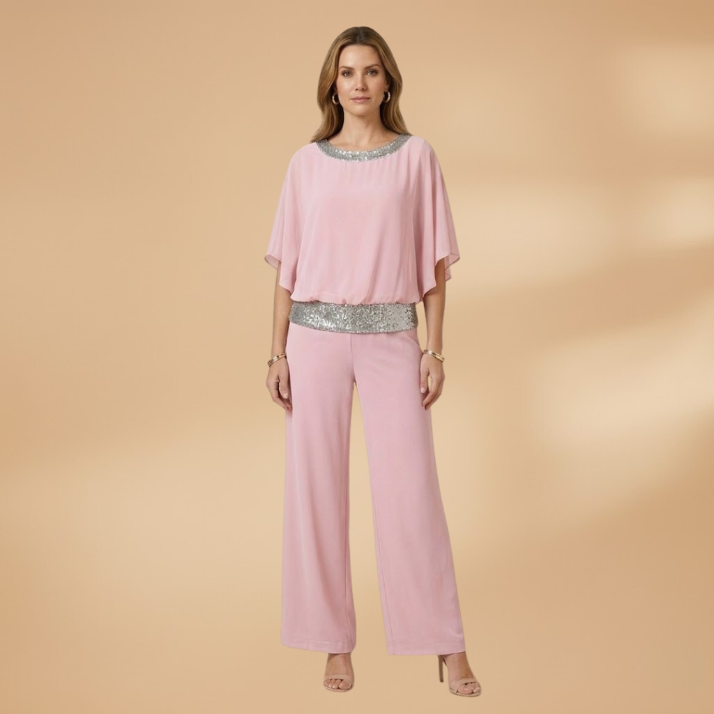 Women's Elegant Two-Piece Set with Embellished Top and Wide-Leg Trousers