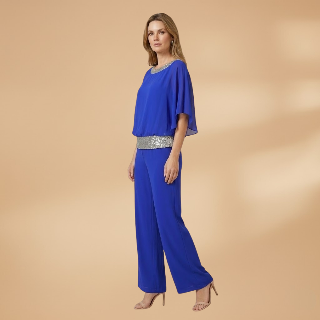 Women's Elegant Two-Piece Set with Embellished Top and Wide-Leg Trousers