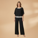 Women's Elegant Two-Piece Set with Embellished Top and Wide-Leg Trousers