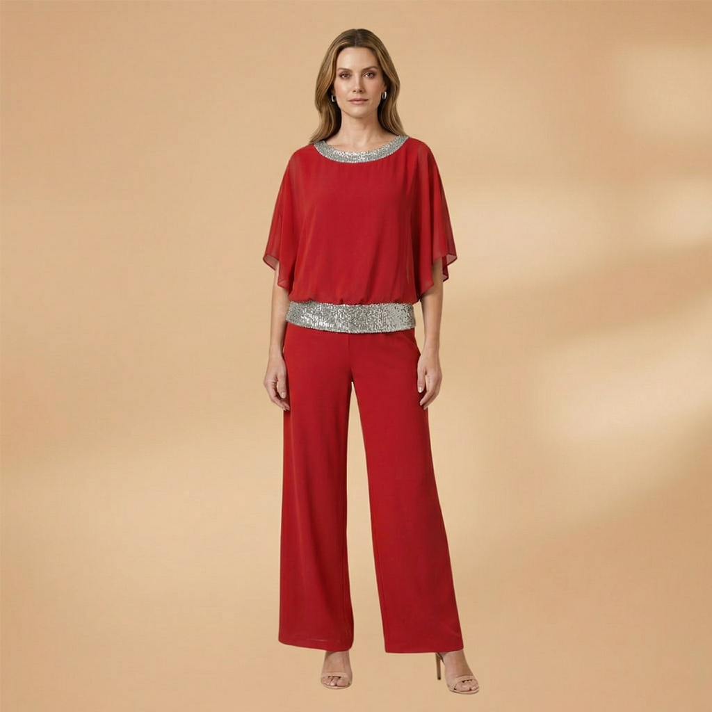 Women's Elegant Two-Piece Set with Embellished Top and Wide-Leg Trousers