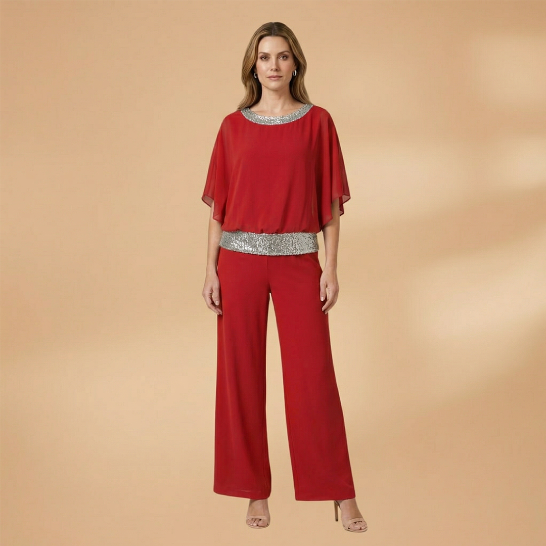 Women's Elegant Two-Piece Set with Embellished Top and Wide-Leg Trousers