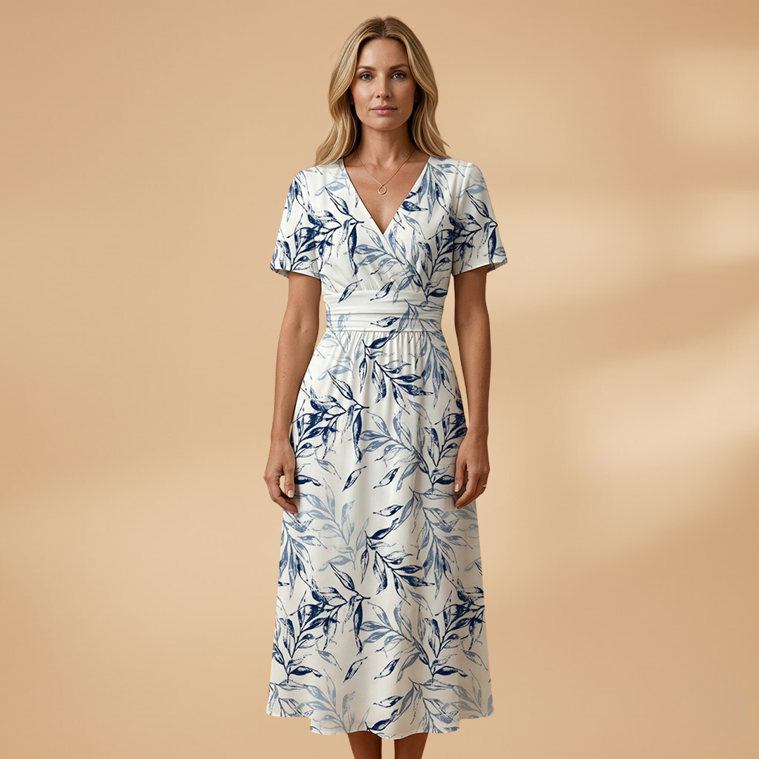 Women's Floral Midi Dress with Wrap Neckline and Elasticated Waist