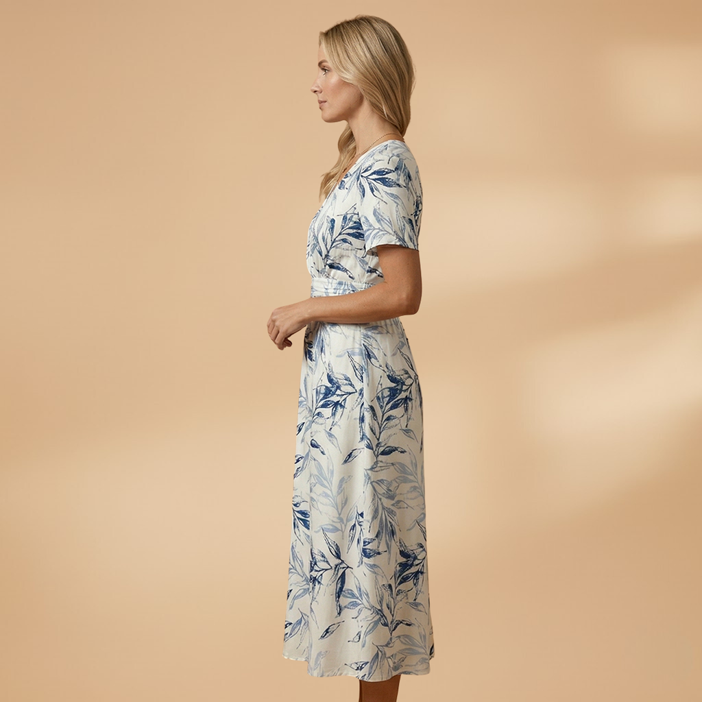 Women's Floral Midi Dress with Wrap Neckline and Elasticated Waist