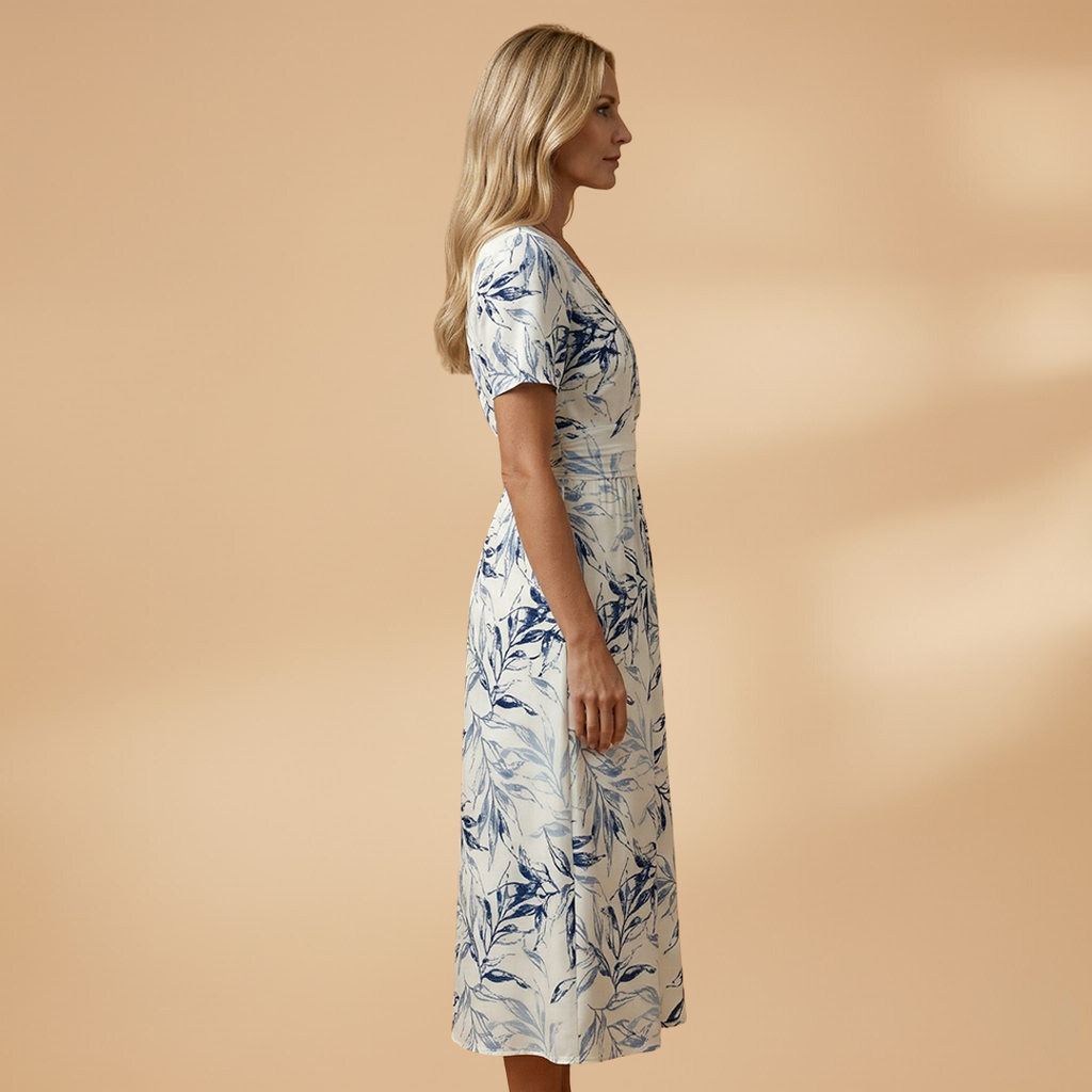 Women's Floral Midi Dress with Wrap Neckline and Elasticated Waist