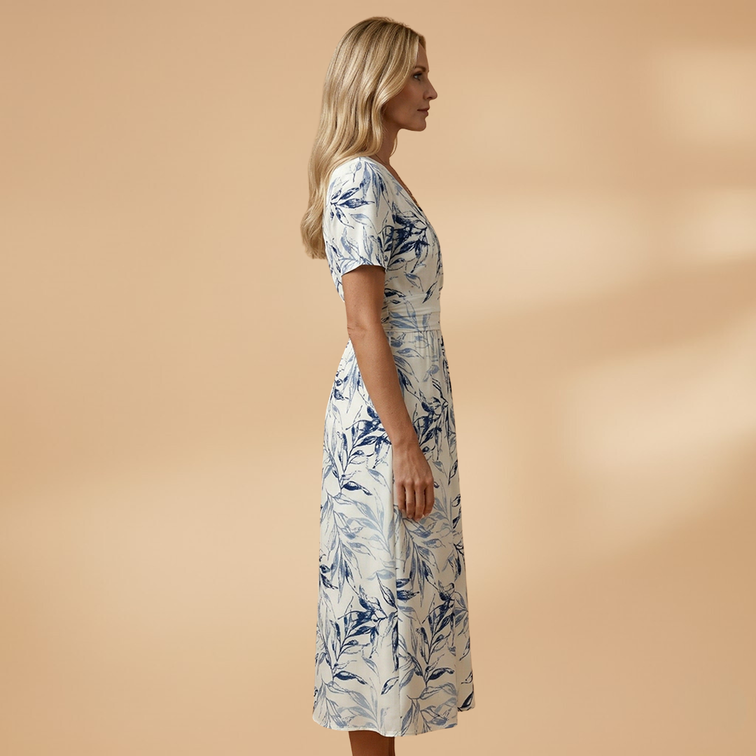 Women's Floral Midi Dress with Wrap Neckline and Elasticated Waist