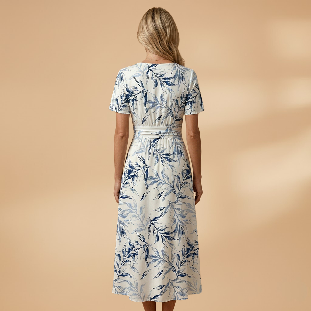 Women's Floral Midi Dress with Wrap Neckline and Elasticated Waist