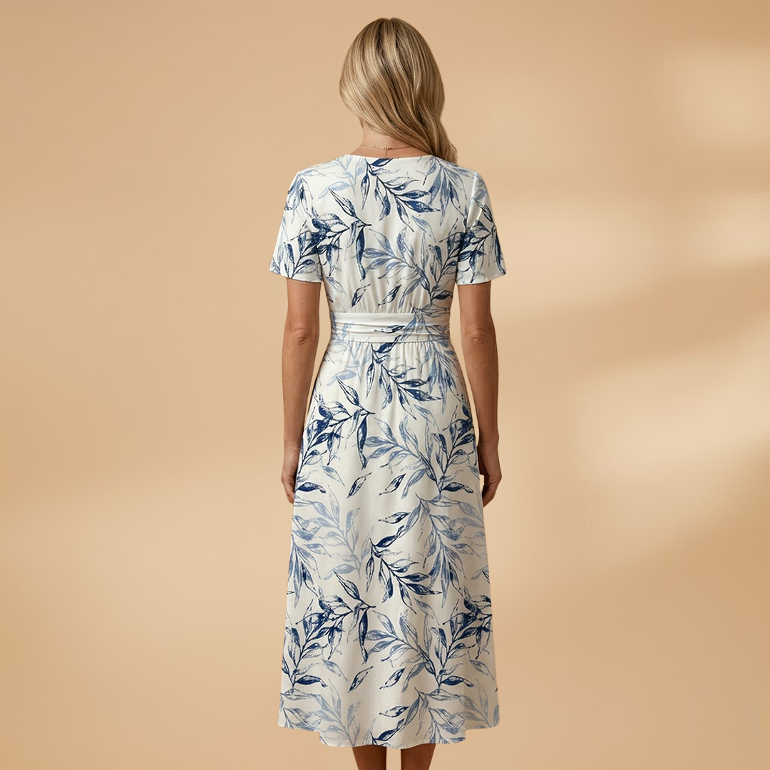 Women's Floral Midi Dress with Wrap Neckline and Elasticated Waist