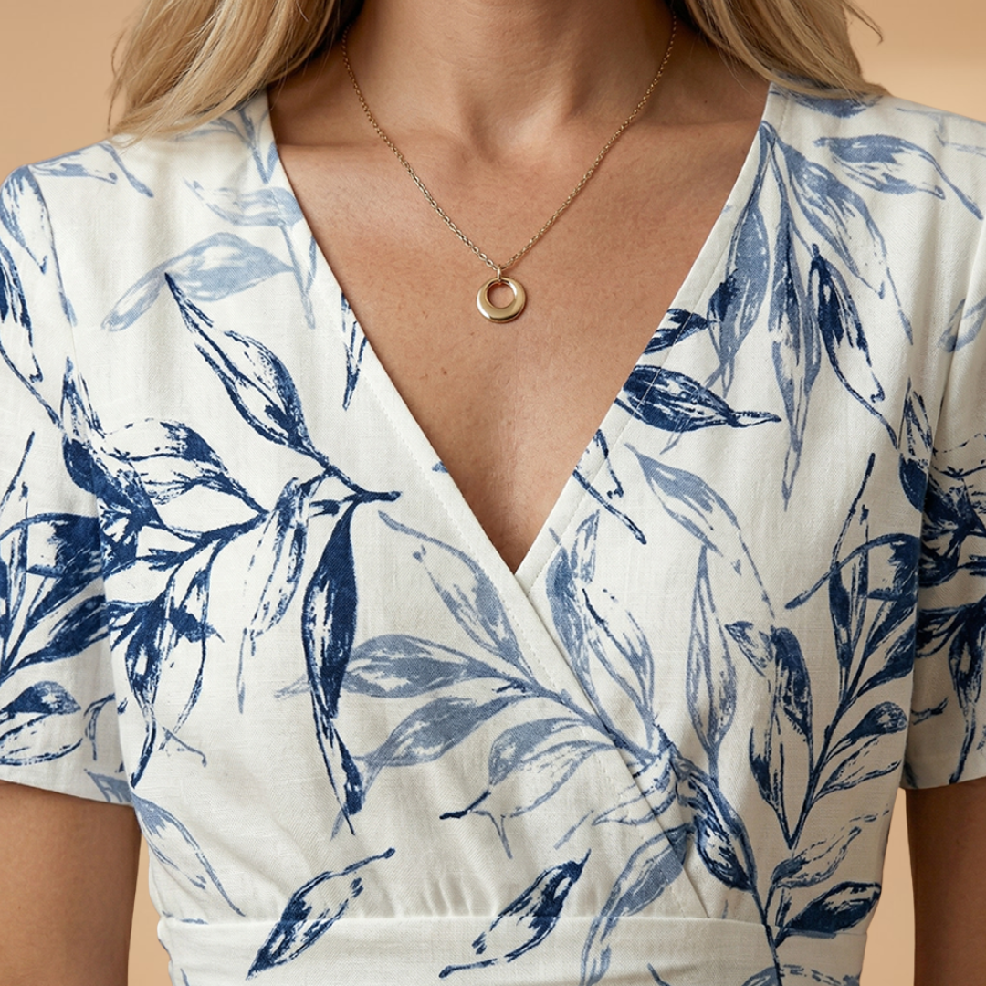 Women's Floral Midi Dress with Wrap Neckline and Elasticated Waist