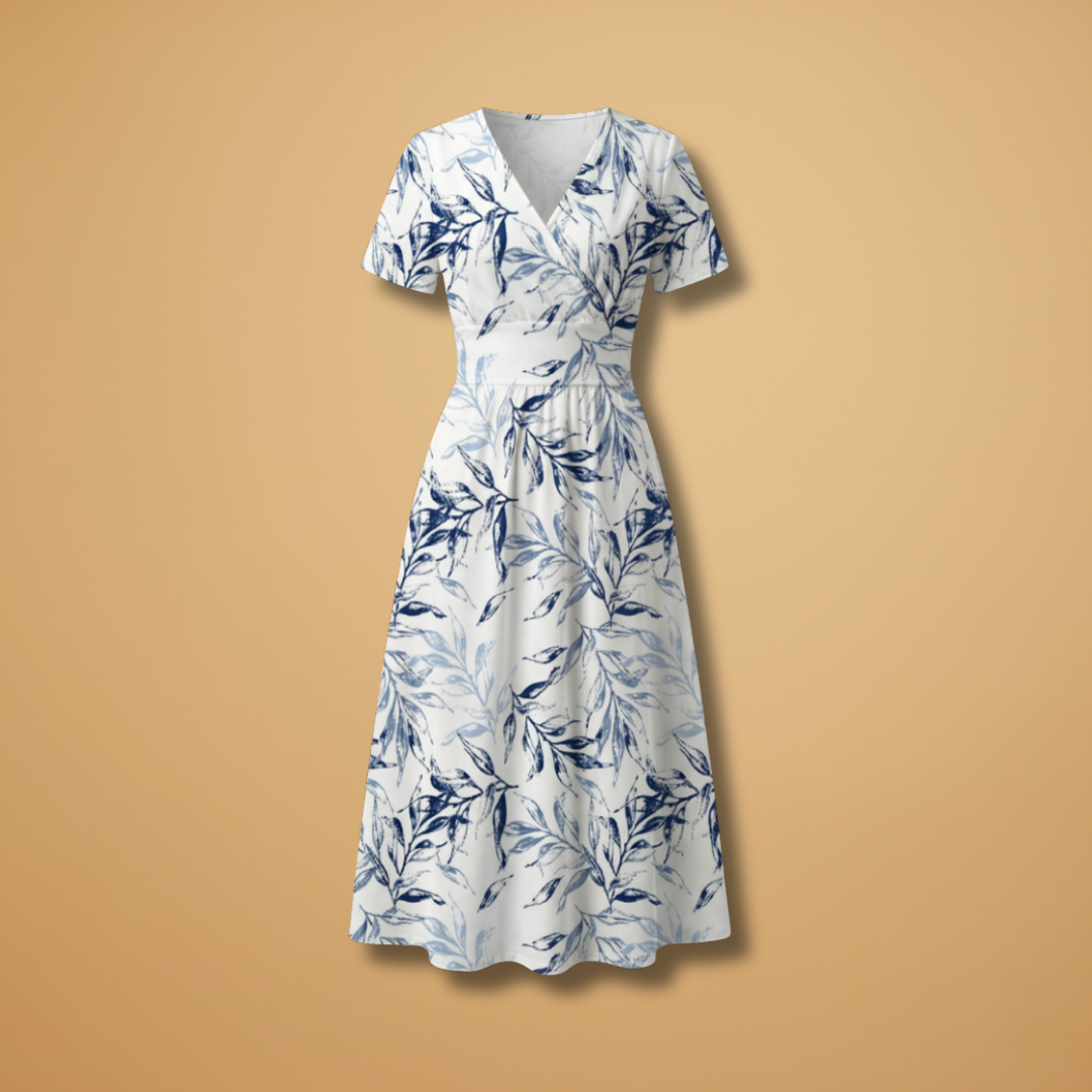Women's Floral Midi Dress with Wrap Neckline and Elasticated Waist