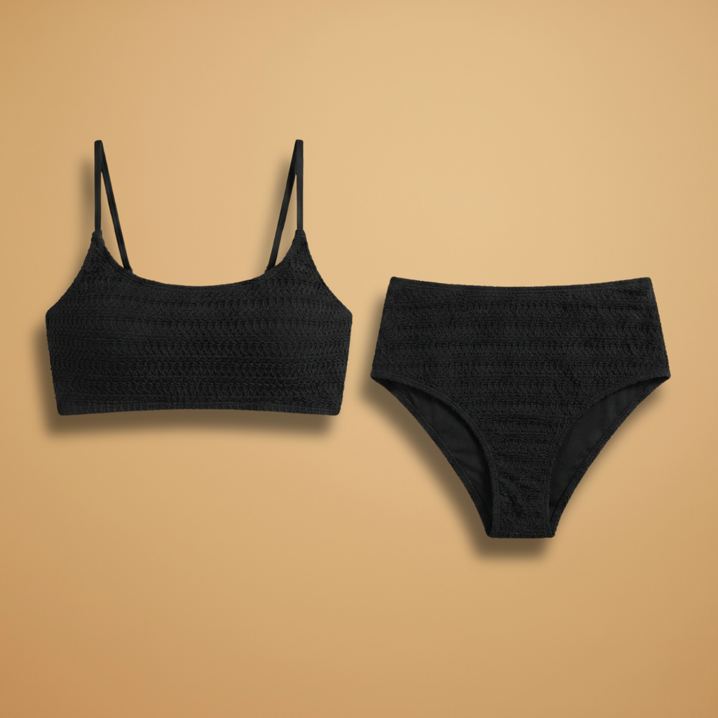 Women's High-Waisted Bikini Set with Straps and Textured Surface