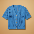 Women's Hollow Knit Cardigan with Elegant Neckline and Short Sleeves