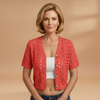 Women's Hollow Knit Cardigan with Elegant Neckline and Short Sleeves