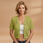 Women's Hollow Knit Cardigan with Elegant Neckline and Short Sleeves
