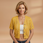 Women's Hollow Knit Cardigan with Elegant Neckline and Short Sleeves
