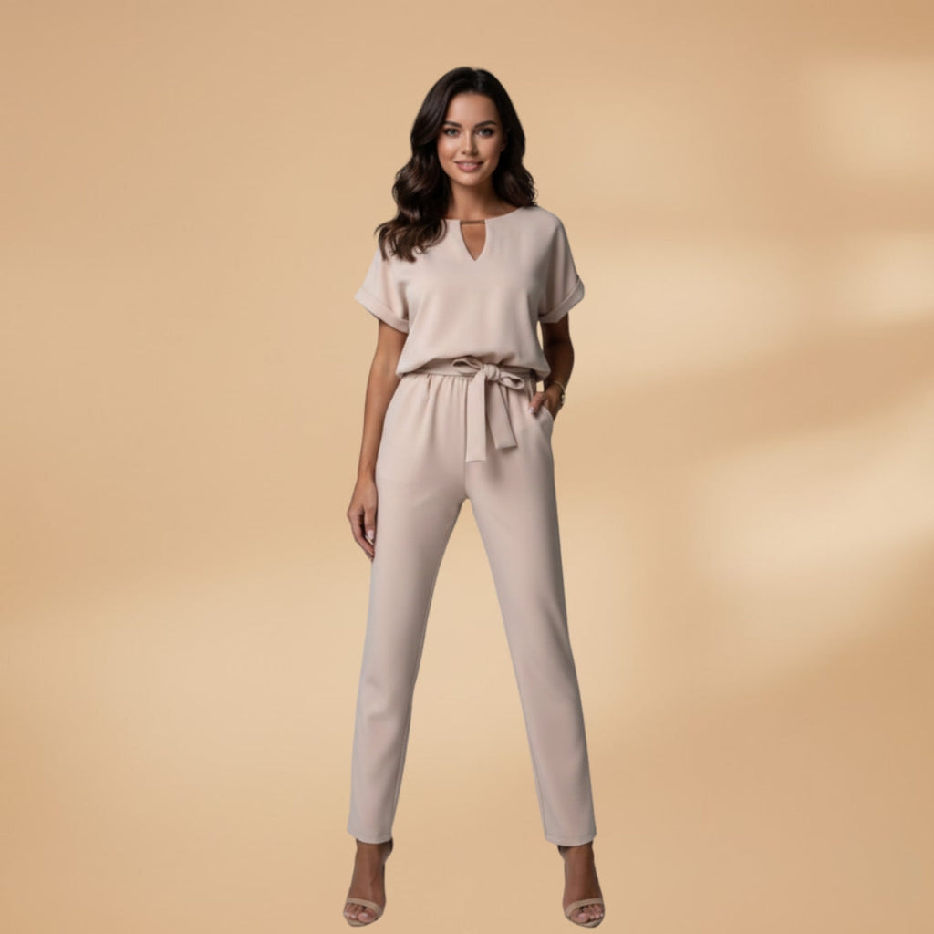 Women's Jumpsuit with V-Neck and Waist Belt