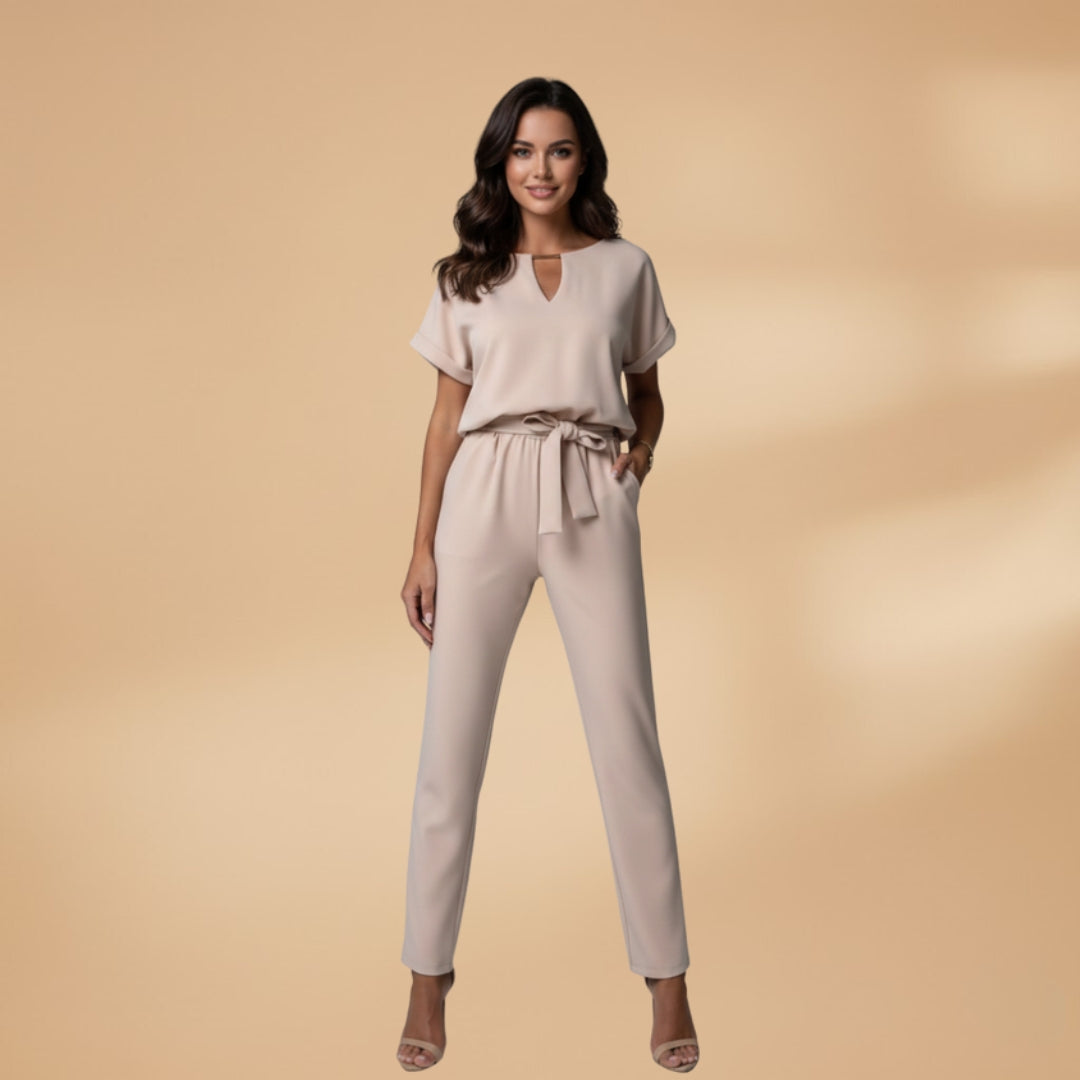Women's Jumpsuit with V-Neck and Waist Belt