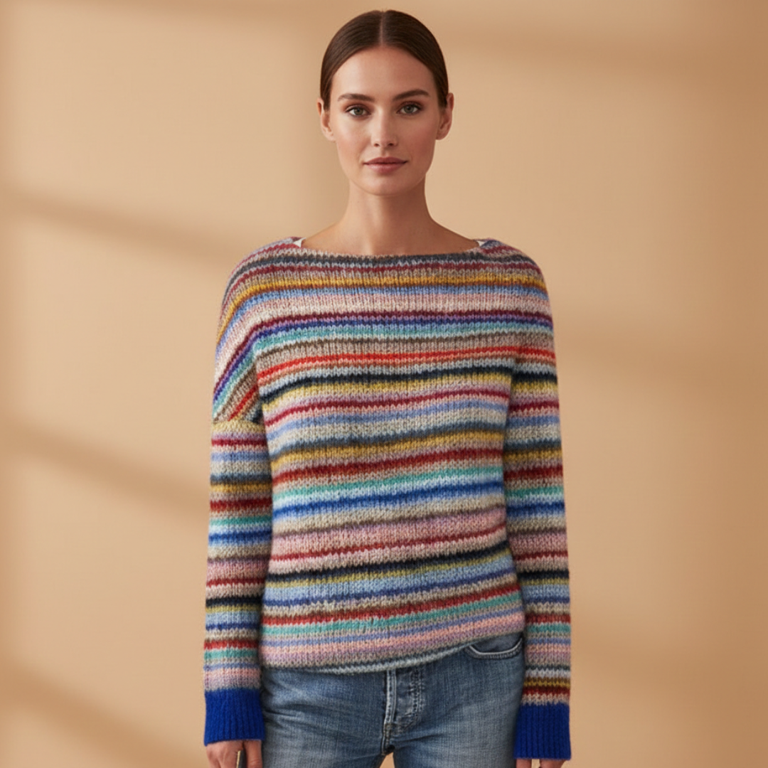 Women’s Knitted Jumper with Boat Neck and Striped Pattern
