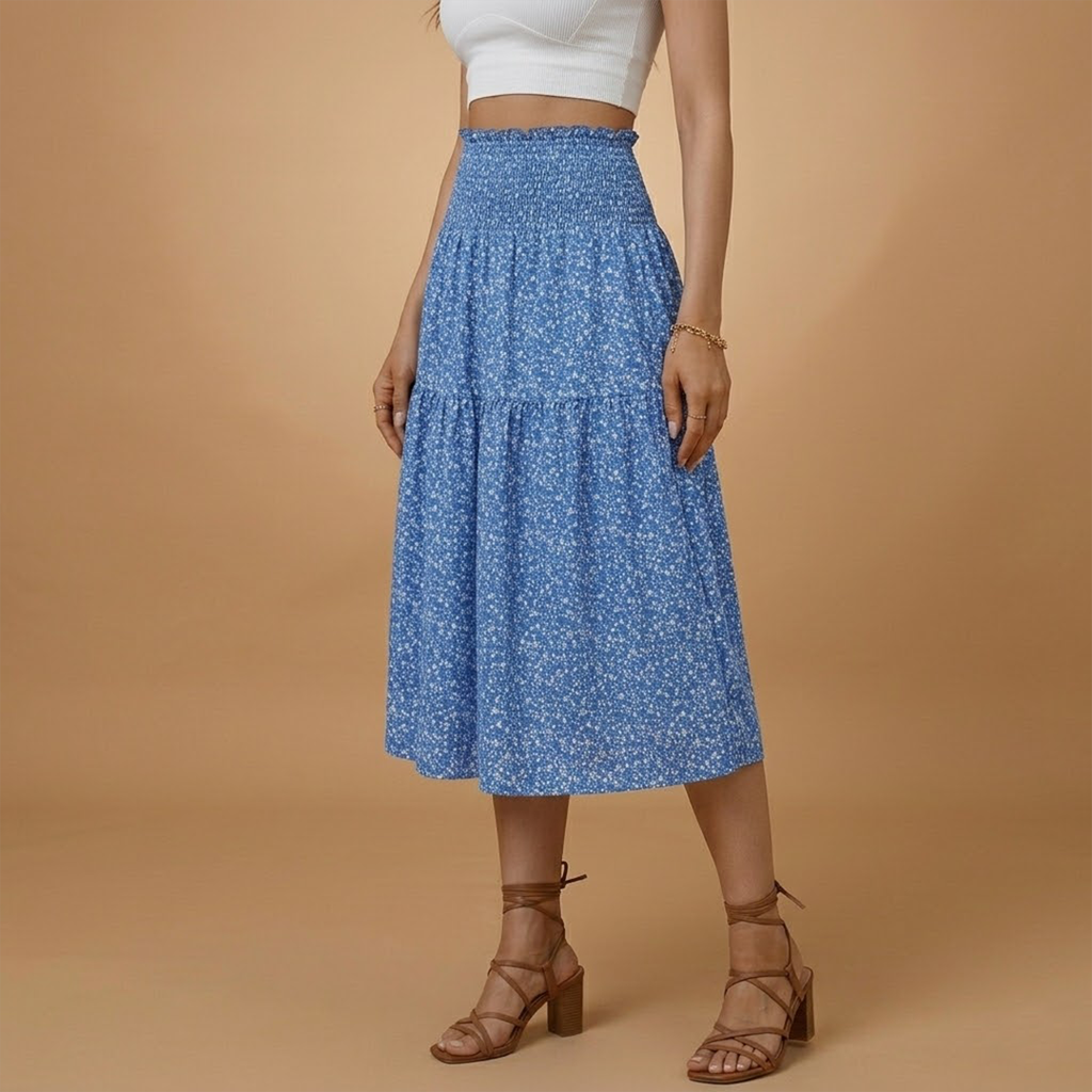 Women’s Long Skirt with Floral Print and Elastic Waistband