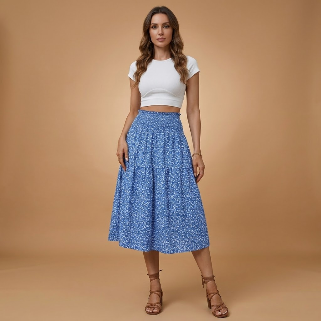 Women’s Long Skirt with Floral Print and Elastic Waistband