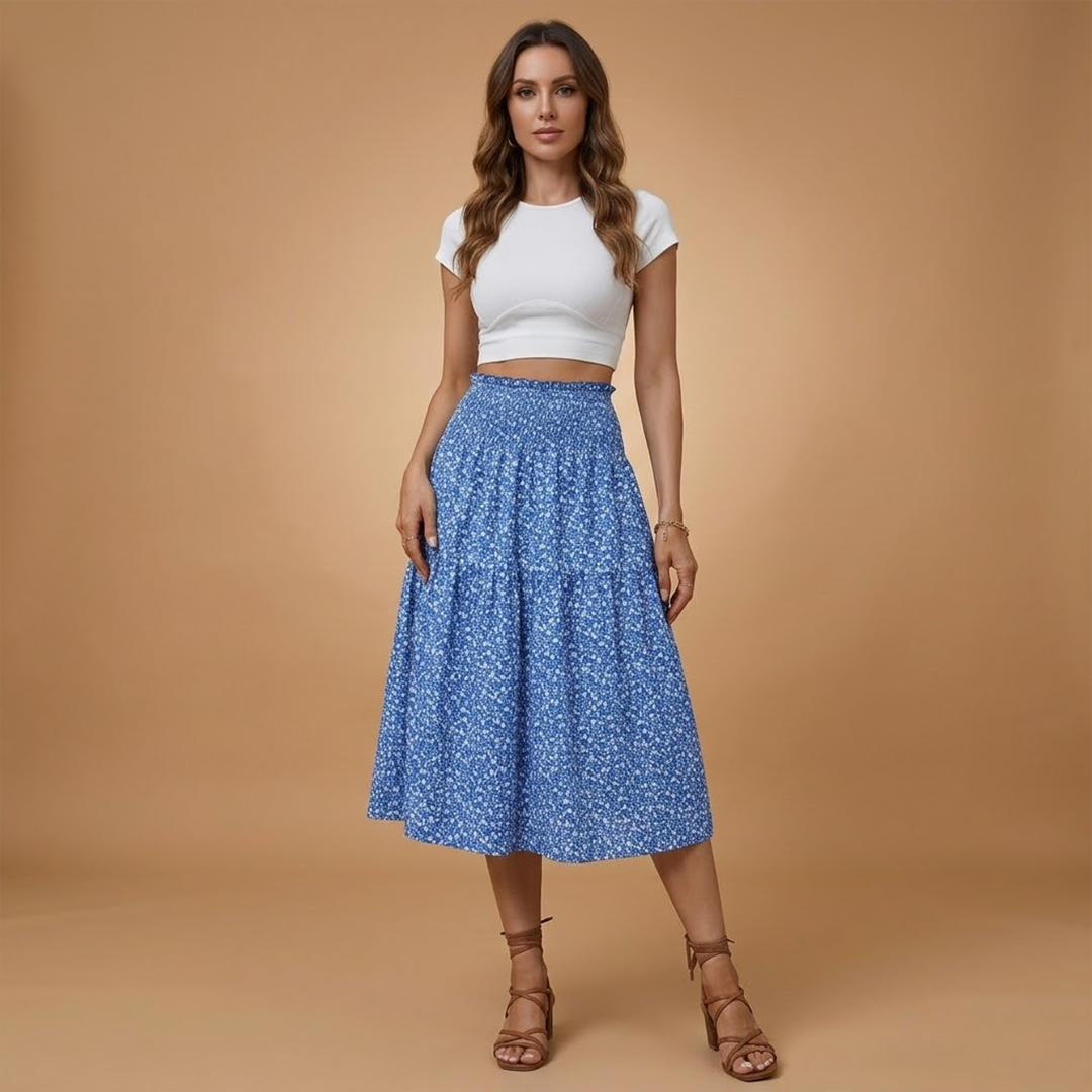 Women’s Long Skirt with Floral Print and Elastic Waistband