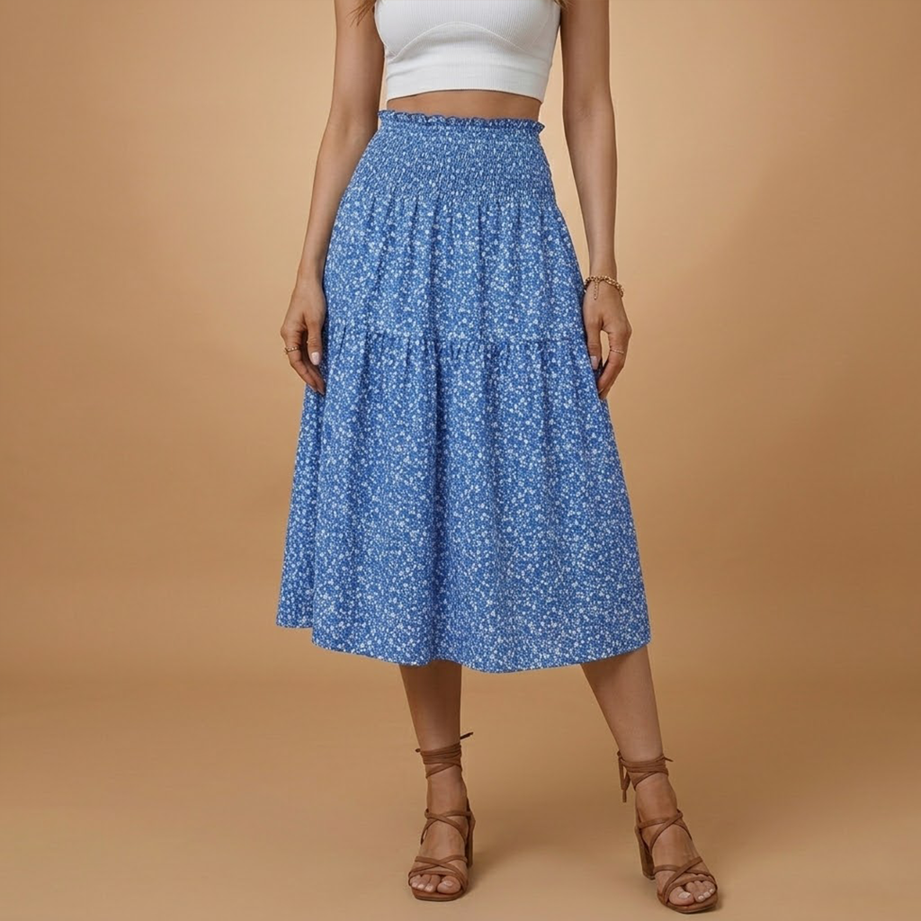 Women’s Long Skirt with Floral Print and Elastic Waistband