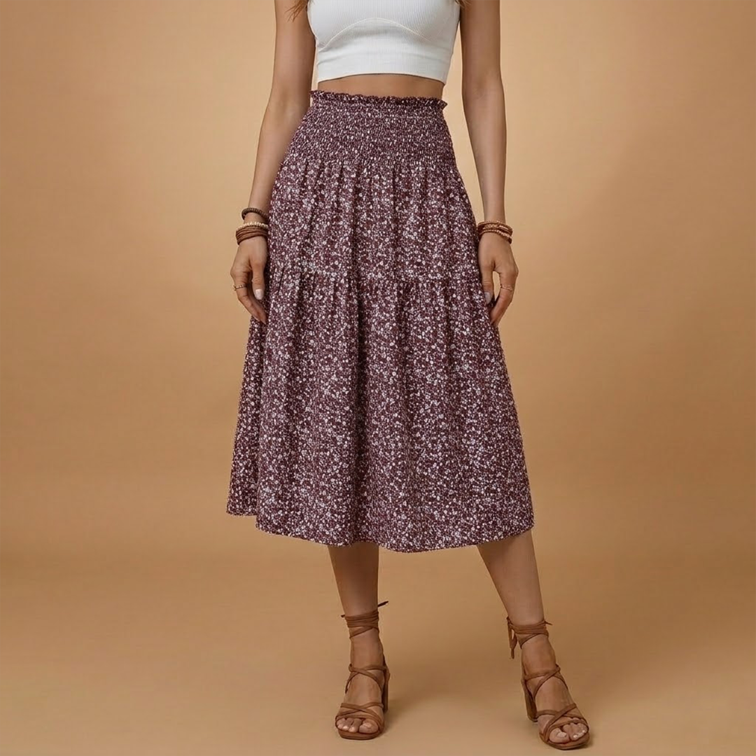 Women’s Long Skirt with Floral Print and Elastic Waistband