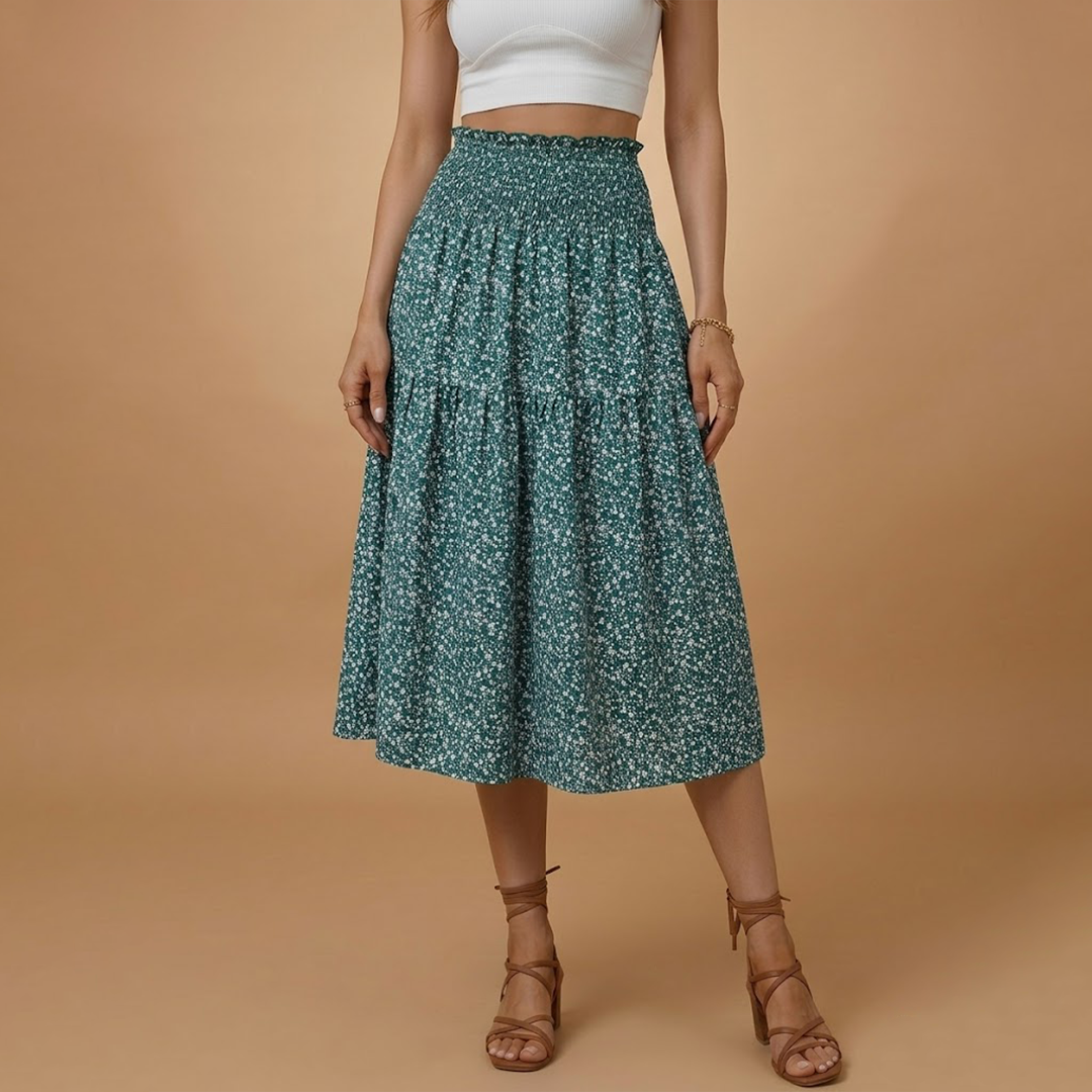 Women’s Long Skirt with Floral Print and Elastic Waistband