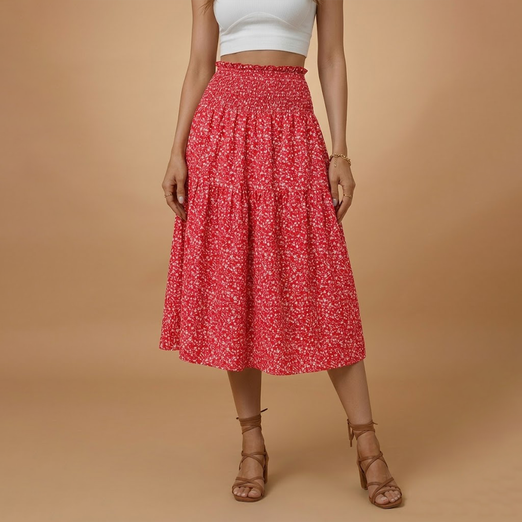 Women’s Long Skirt with Floral Print and Elastic Waistband