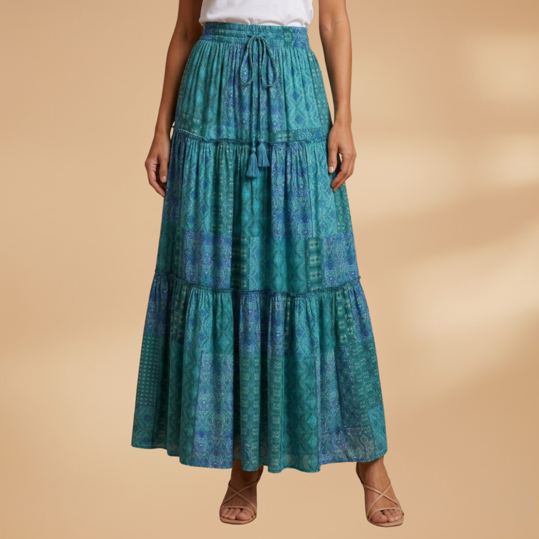 Women’s Long Skirt with Waistband and Pleated Surface